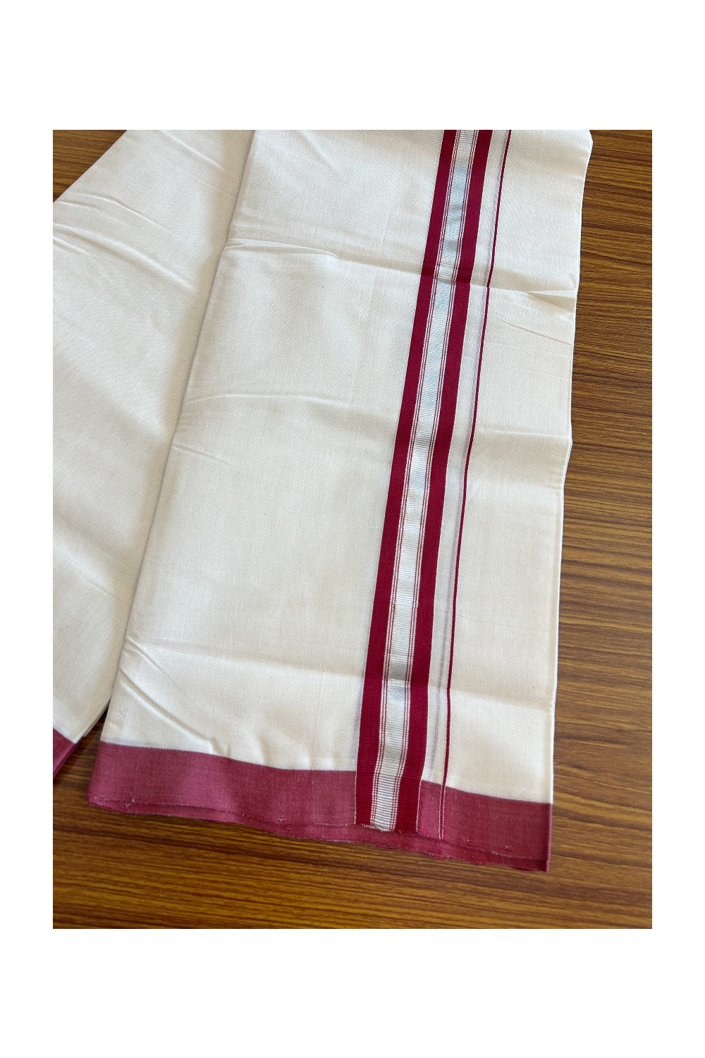 19% DISCOUNT!! KaithariKada HANDLOOM Millpaav Balaramapuram -  100% PURE Cotton OFF White - (Unbleached) Double Mundu/Dothi - Silver kasav Maroon kara - 7KK5065KK