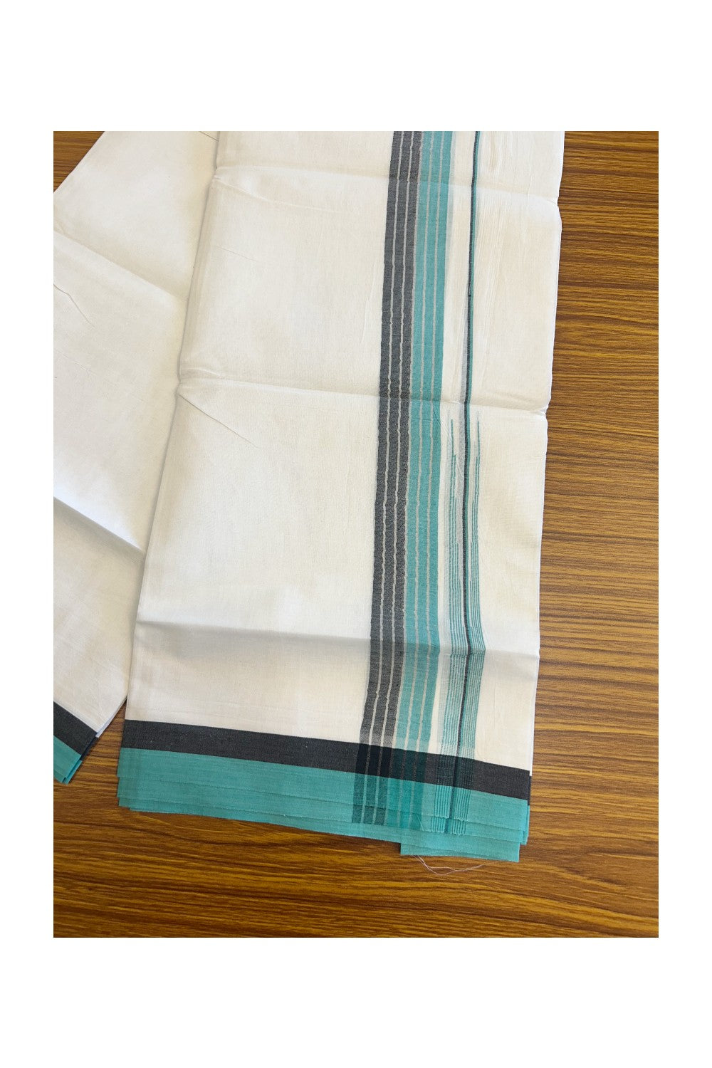 19% Discount!!! KaithariKada Balaramapuram  PURE WHITE Double Mundu/Dhoti - 80X90 - 2.25 inch Silver stripes Black & Turquoise green  puliyilakkara striped chutty kara 3.85 meters - 7KK5058GUN