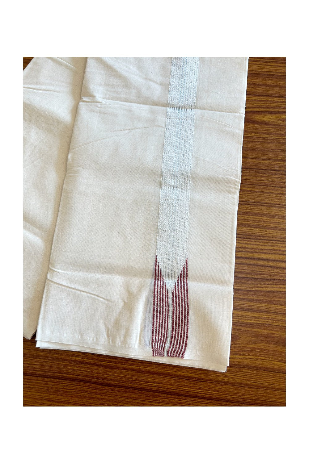 23% DISCOUNT ! KaithariKada 100% Cotton OFF WHITE - (Unbleached) - Double Dhoti/Mundu - 12 Line Royal Maroon Puliyilakkara Chutty & Silver Kasavu Stripes - 7KK5063KK