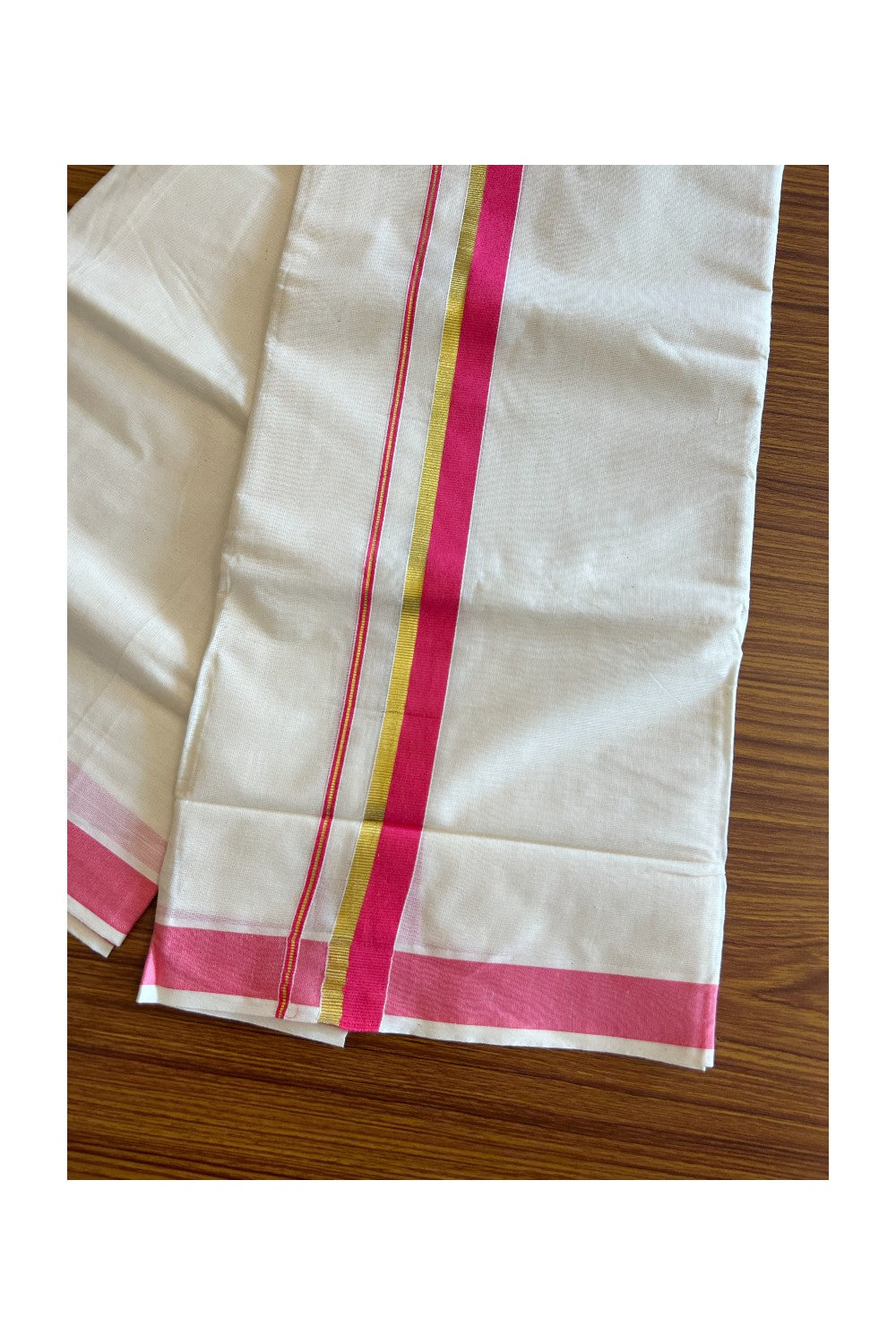 10% Discount! KaithariKada Balaramapuram 100% Cotton Off White - (Unbleached) Double Mundu/Dhoti-80x72 PINK & KASAVU - 9KK57VIN