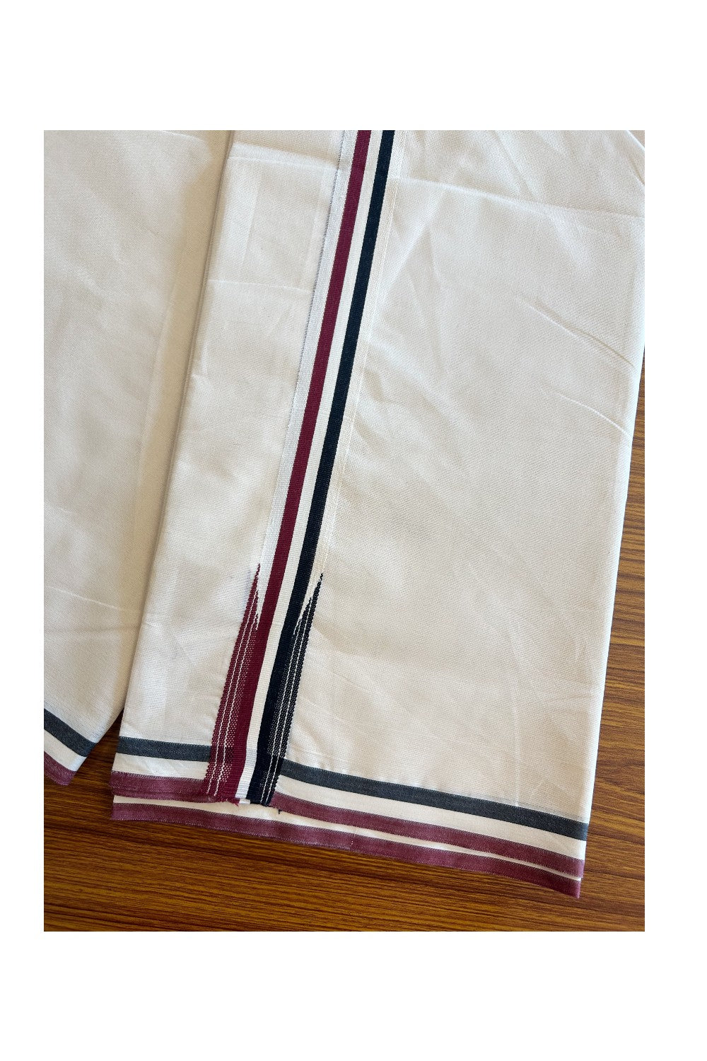 ADMK VESHTI - 22% DISCOUNT! KaithariKada 100% Cotton off white Double - (Unbleached) Mundu/Dhoti - 100X100 - 1.5 inch Black White & Maroon Striped Wings Chutty kara - 7KK5079ASH