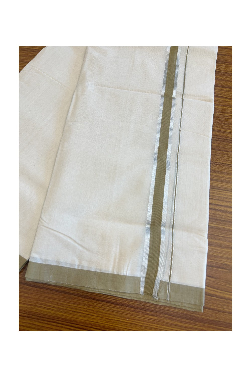 19% Discount !! KaithariKada HANDLOOM millpaav Balaramapuram - 100% PURE Cotton OFF White Double - (Unbleached)  Mundu/Dothi - 1.75  inch Silver kasavu & Brownish green kara 4.5 Meters (10 Muzham) - 7KK5081RAM