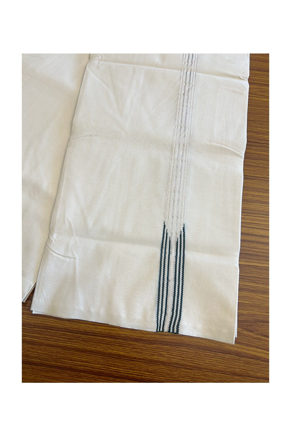 31% DISCOUNT ! KaithariKada Balaramapuram 100%  COTTON SINGLE OFF WHITE (Unbleached) Mundu/Dhoti-100X100- 1 Inch 6 Line Puliyilakkara Silver Kasavu & Dark Green Chutty Kara (2 metre / 4 muzham) - 7KK5084ASH