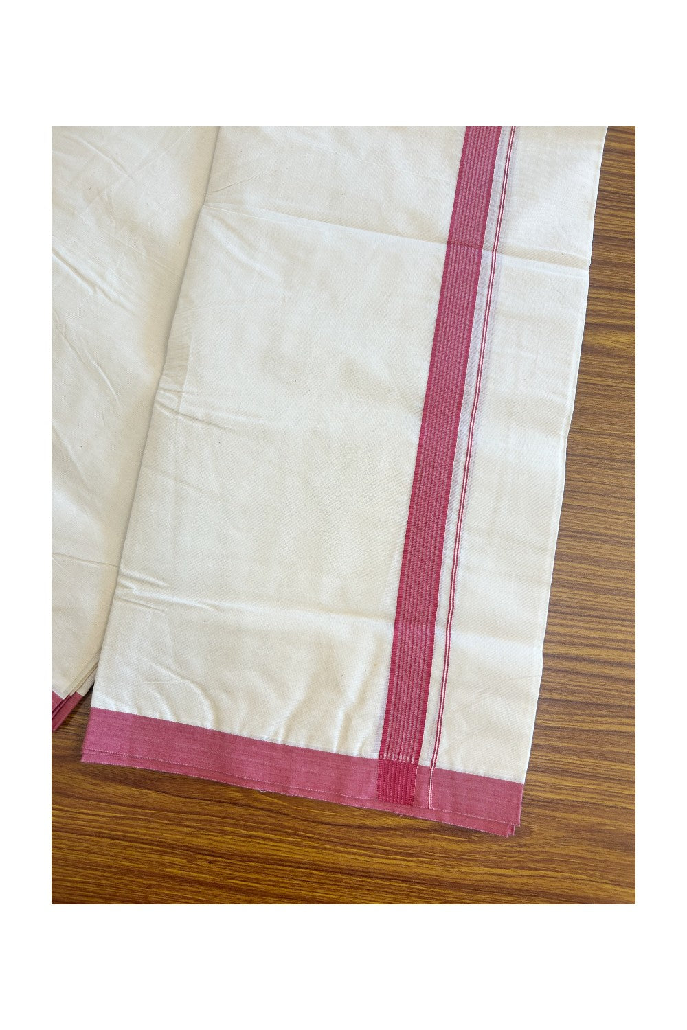 19% DISCOUNT ! KaithariKada 100% Cotton OFF WHITE (Unbleached) Double Dhoti/Mundu- 1.5 inch Puliyilakkara Magenta Pink Striped Kara 4.5 Meters (10 Muzham) - 7KK5086ASH