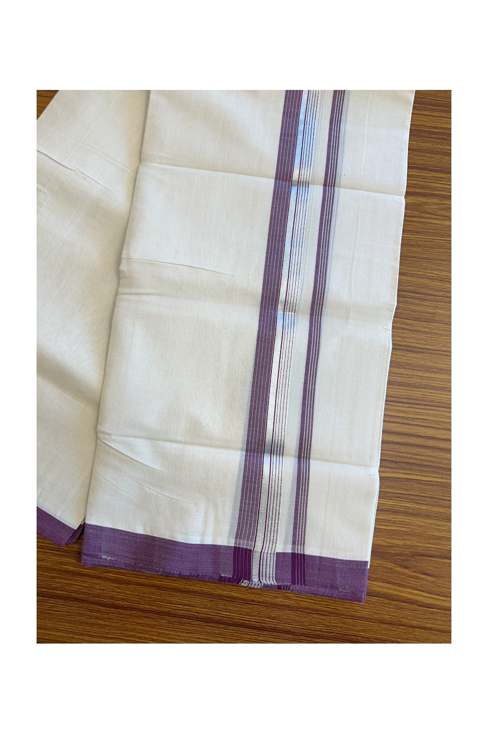 19% Discount! KaithariKada HANDLOOM UNAKKUPAAV Balaramapuram - 100% Cotton Double OFF White (Unbleached) - Mundu/Dhoti - 100x100 2.25 inch Wine Purple & Silver kasavu Stripes Kara - 7KK5096YAR