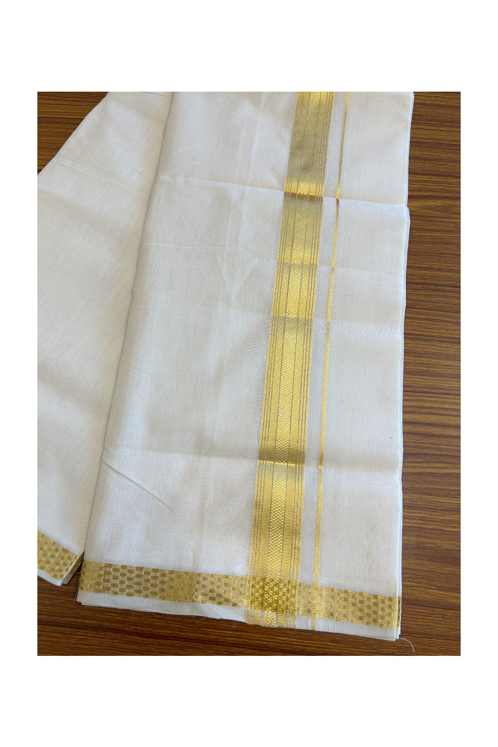 30% DISCOUNT ! KaithariKada HANDLOOM Unakkupaav Balaramapuram - 100% PURE Cotton Off White - (Unbleached) Double Mundu/Dhoti - 100x100 5.5 cm Kasavu Stripes kara - 7KK5097ABH