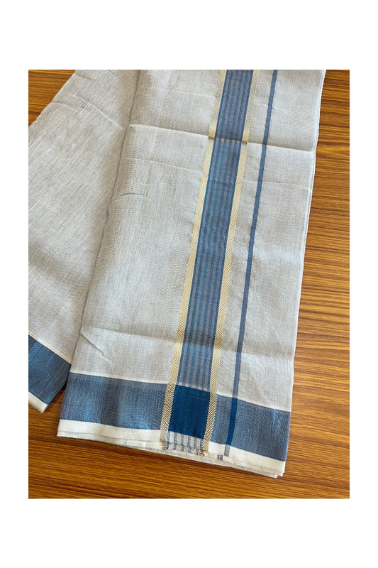 30% DISCOUNT! KaithariKada HANDLOOM Millpaav Balaramapuram - 100% PURE Cotton Off White (Unbleached) - Double Mundu/Dhoti - 3 inch Gold Kasavu Striped Kara & Blue Tissue Body- 7KK5105RAM