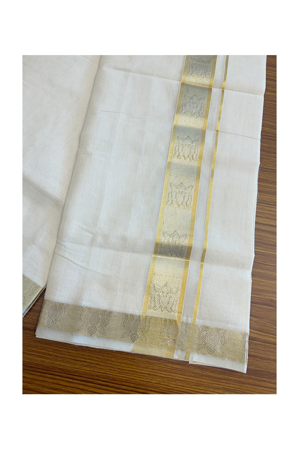 30% DISCOUNT ! KaithariKada HANDLOOM Unakkupaav Balaramapuram - 100% PURE Cotton Off White - (Unbleached) Double Mundu/Dhoti - 2.5 inch Gold Kasavu & Silver Lotus Design Kara - 7KK5107ABH