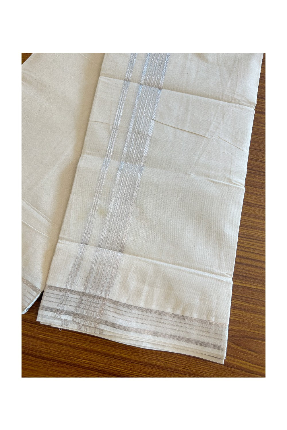 19% DISCOUNT! KaithariKada Balaramapuram 100% Cotton  Off white (Unbleached) Double Mundu/Dhoti-100x100 1.5 inch Silver Kasavu Striped kara - 7KK5110THI