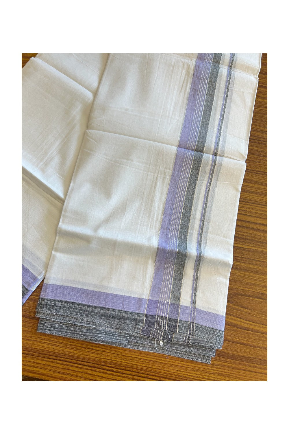 20% Discount !! KaithariKada Balaramapuram Double PURE WHITE Mundu/Dhoti- 100x80 - 2.5 inch Lavender & Black Shaded with Silver Striped kara - 3.90 mtr - 7KK5112PMC