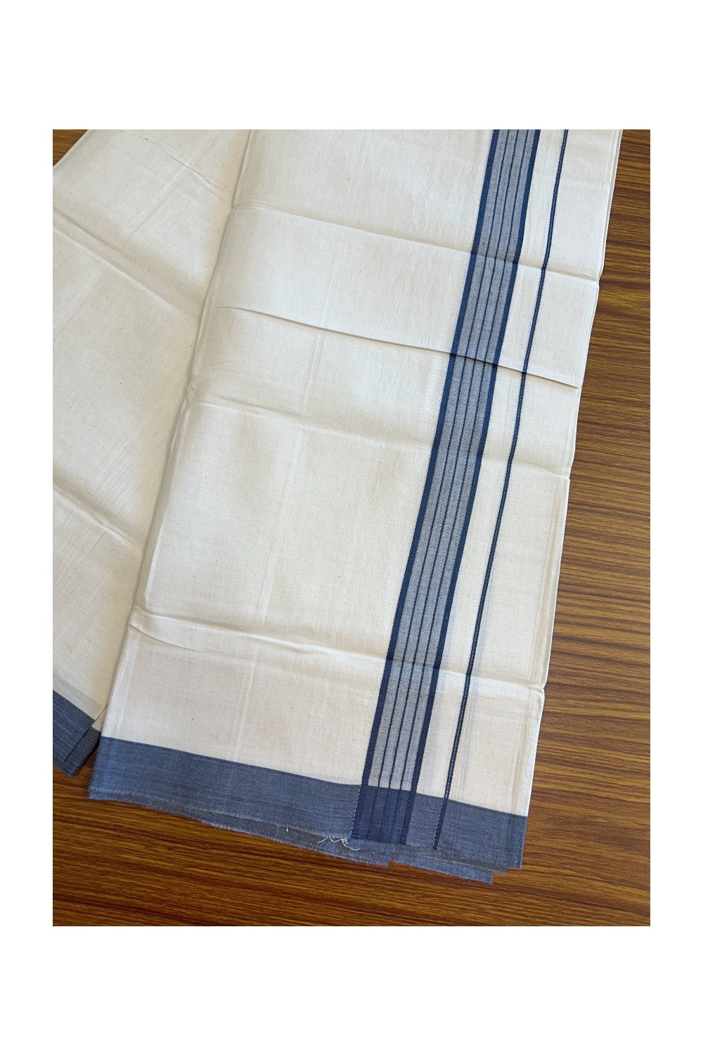 8% Discount ! Kaitharikada Balaramapuram 100% Cotton OFF WHITE SINGLE Mundu/Dothi (40s) - 1.75 inch Dark Blue & White shaded Stripes Kara (2 meter / 4 muzham) - 7KK5114THI