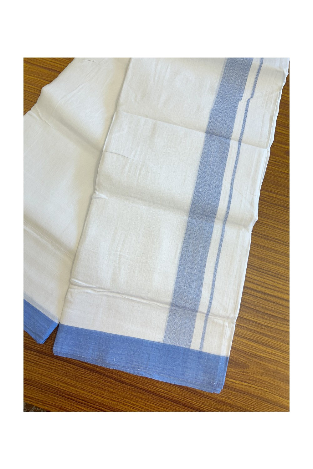 Linen Dhoti NEW! 20% Discount from Kaitharikada.com - Double Mundu/Dhoti 80x90 Thread PURE WHITE - Pure Cotton + Linen -2.25 Inch Sky Blue Shaded Kara- 25KK5115THI