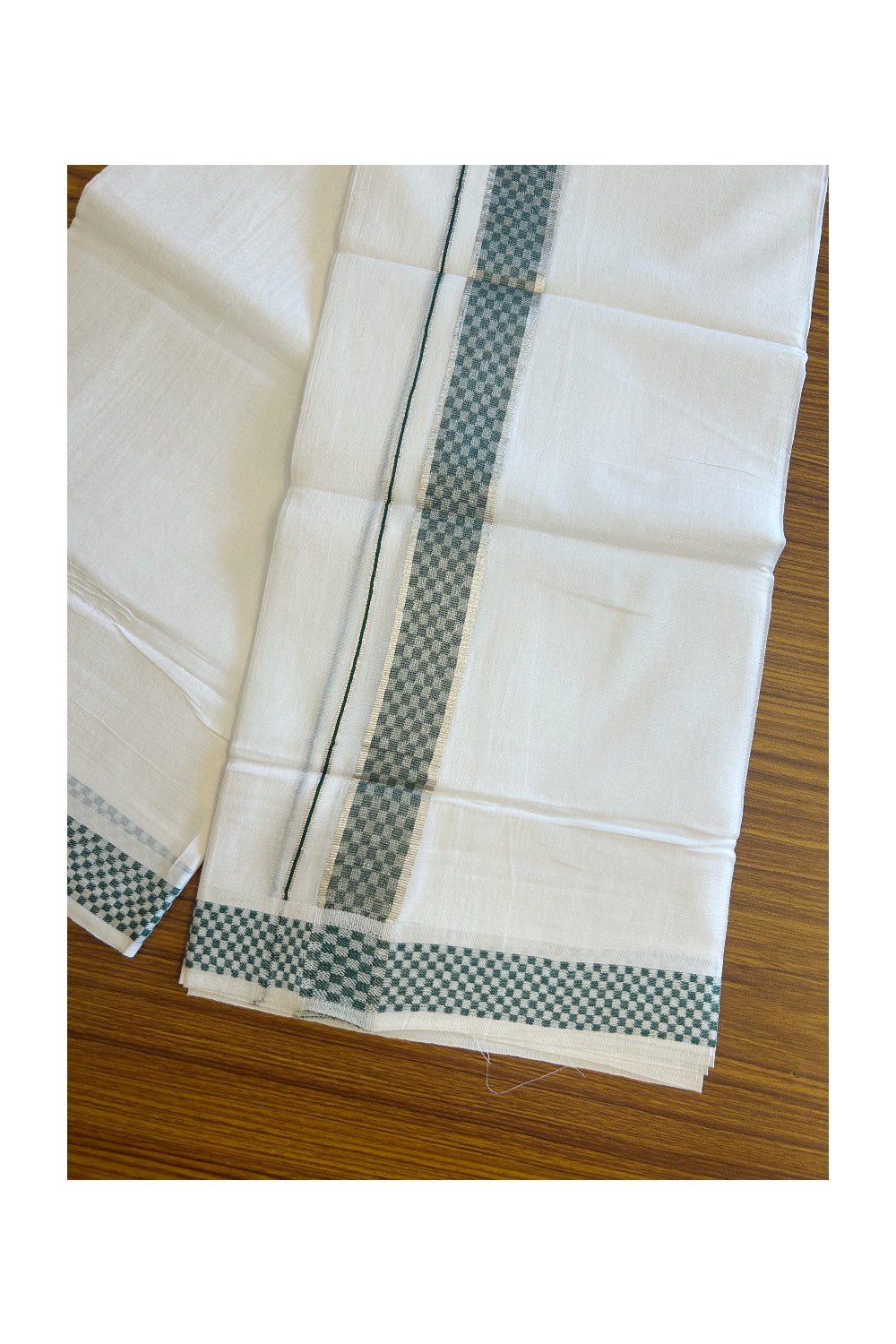 20% DISCOUNT! KaithariKada Balaramapuram 100% Cotton Double PURE white Mundu/Dhoti - 100x80 - 2 Inch Silver kasavu & Dark Green Check jacquard pattern Kara - 7KK5118PMC