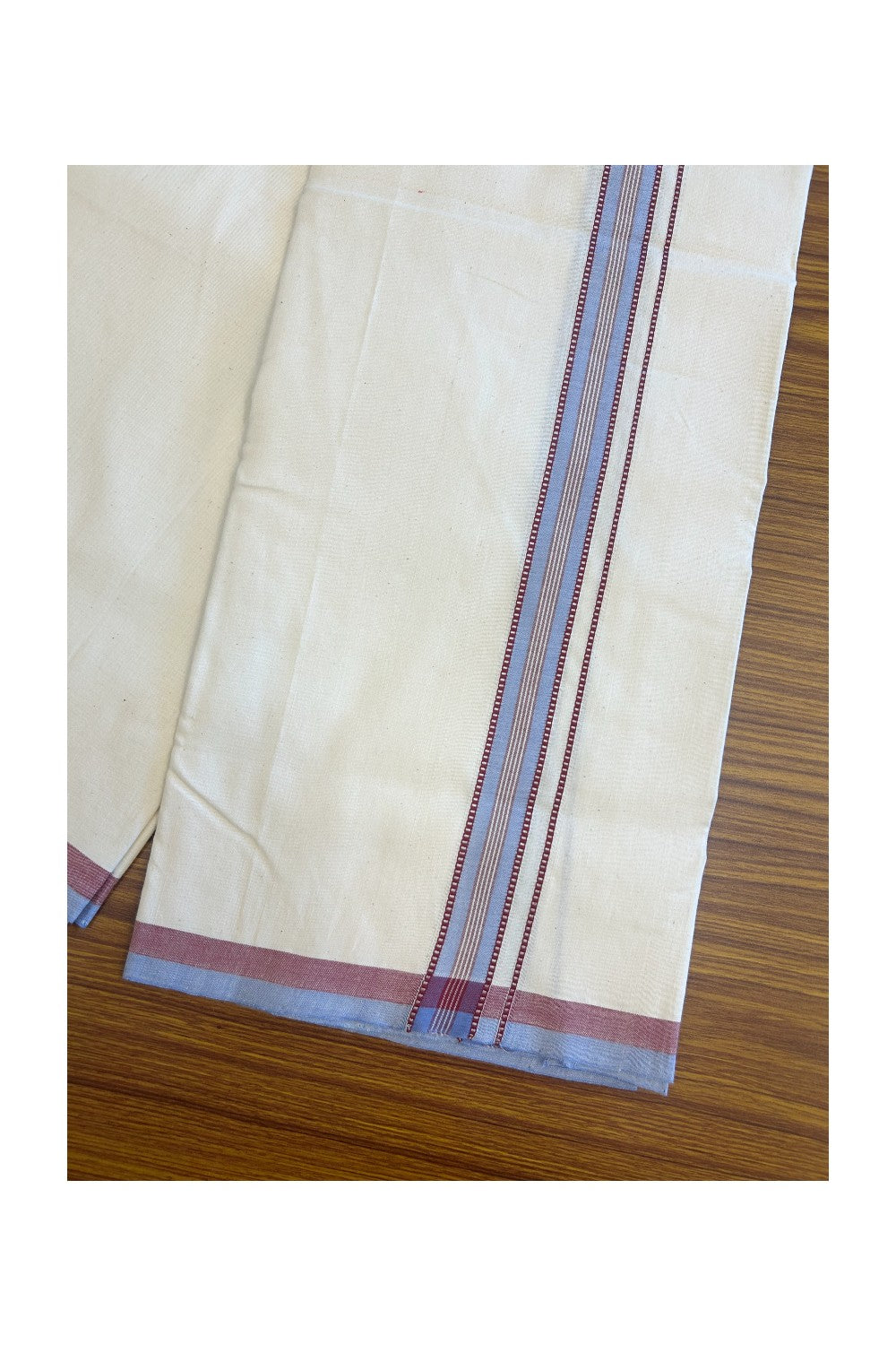 SIGNATURE KAITHARIKADA EXCLUSIVE SINGLE DHOTI - 30% Discount!!  100% Cotton Balaramapuram HANDLOOM Single Mundu/Dhoti - Off White - (Unbleached) 1 inch Lavender Blue & Maroon Silver Kasavu White stripes Muthukuri kara  (2 meters /4 muzham) - 6KK5131KAI