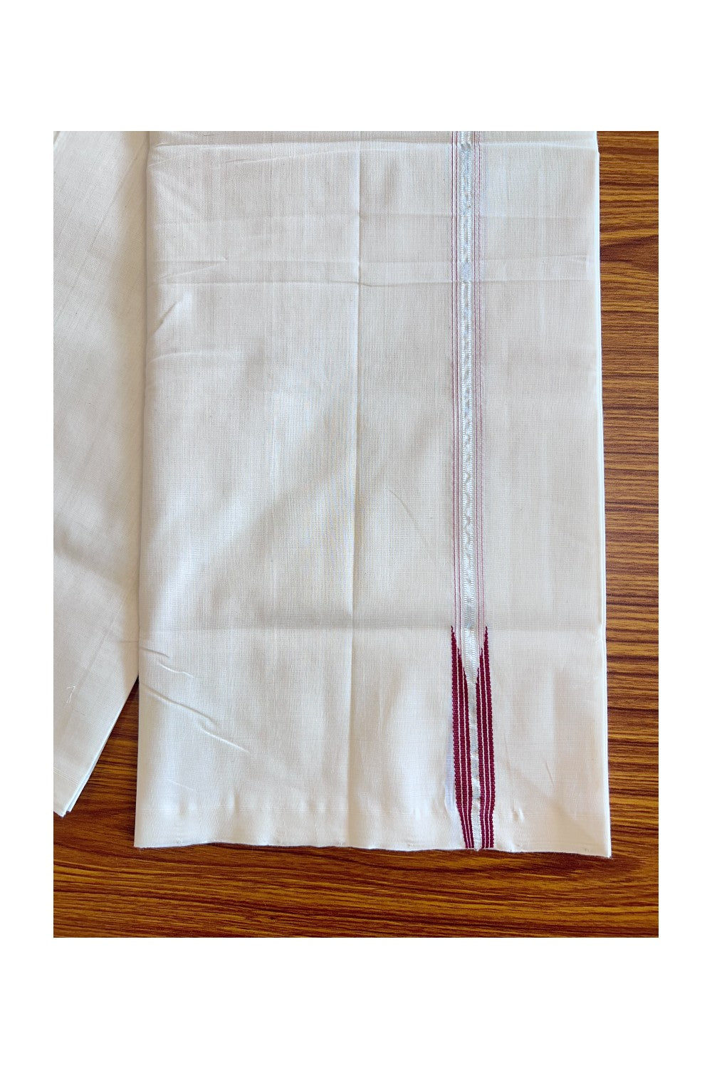 30% DISCOUNT!! KaithariKada HANDLOOM UNAKKUPAAV Balaramapuram - 100% PURE Cotton OFF White (Unbleached) Double Mundu/Dothi - Silver PURE Kasavu Maroon Chutty Puliyilakkara-7KK56RAM