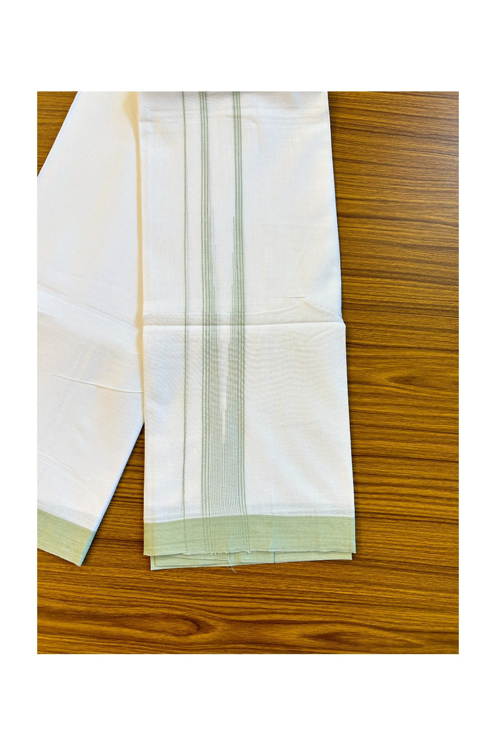 22% DISCOUNT!! Kaitharikada Balaramapuram 100% Cotton Ultra WHITE Double Mundu/Dothi-100x100  2.25 Inch LIGHT GREEN Striped Cotton Kara 3.80m- 7KK74RAM