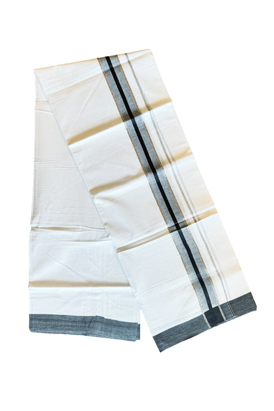 24% DISCOUNT!! Kaitharikada Balaramapuram 100% Cotton Ultra WHITE Double Mundu./Dothi-100x80  2.25 Inch BLACK+ SILVER Striped Cotton Kara 70KK45VAS.