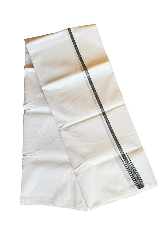 19% DISCOUNT!! KaithariKada Balaramapuram 100% Cotton PURE WHITE Double Mundu/Dhoti-100x100  Puliyilakkara 2.5 cm Black & silver striped chutty - 70KK412ASH