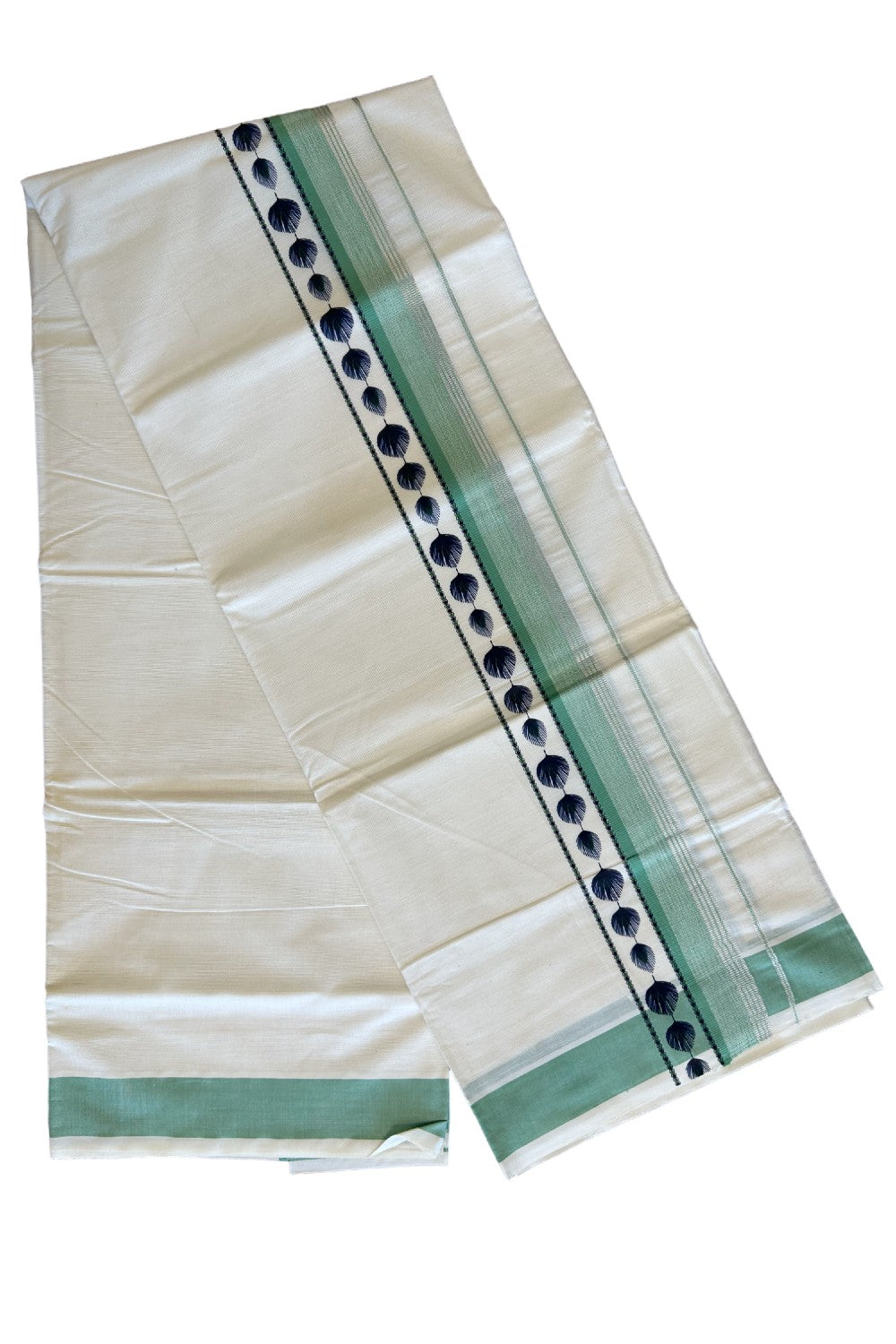 32% Discount !! KaithariKada Balaramapuram 100% Cotton Off white Double Mundu/Dhoti - 80x72 - 3.25 Inch silver stripes Light green & white shaded Peacock feather pattern printed kara - 70KK470VIN