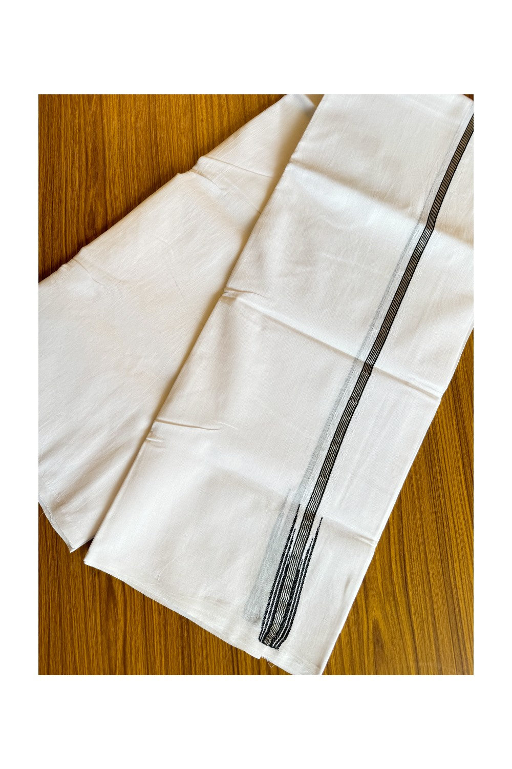 19% DISCOUNT!! KaithariKada Balaramapuram 100% Cotton PURE WHITE Double Mundu/Dhoti-100x100  Puliyilakkara 2.5 cm Black & silver striped chutty - 70KK412ASH