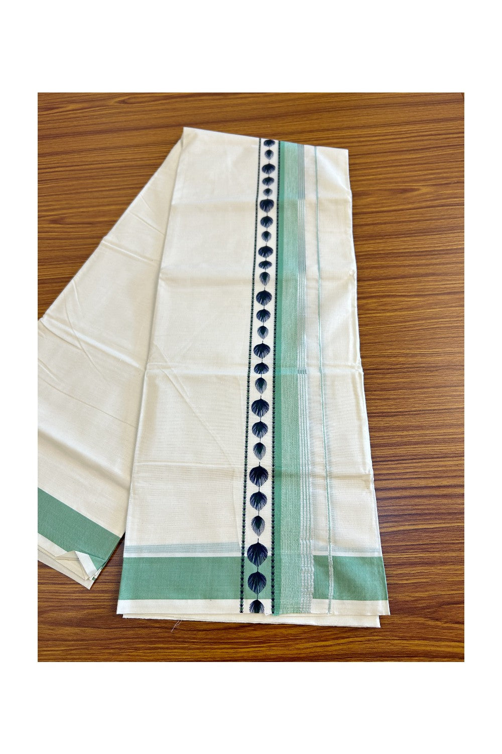 32% Discount !! KaithariKada Balaramapuram 100% Cotton Off white Double Mundu/Dhoti - 80x72 - 3.25 Inch silver stripes Light green & white shaded Peacock feather pattern printed kara - 70KK470VIN