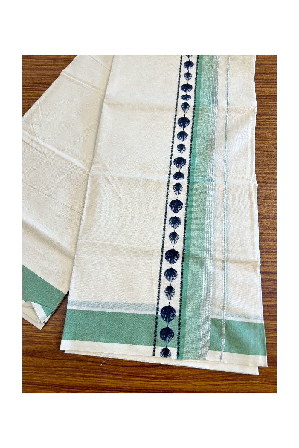 32% Discount !! KaithariKada Balaramapuram 100% Cotton Off white Double Mundu/Dhoti - 80x72 - 3.25 Inch silver stripes Light green & white shaded Peacock feather pattern printed kara - 70KK470VIN