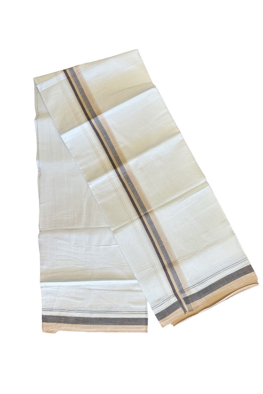 15% DISCOUNT!! Kaitharikada Balaramapuram 100% Cotton Ultra WHITE Double Mundu/Dothi-100x90  2.25 Inch Sand Brown & Black shaded stripes kara - 71KK430VAS