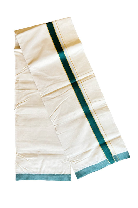 20% Discount KaithariKada Balaramapuram 100% Cotton Double Off white - (Unbleached) Mundu/Dhoti-100x80 -  1.5 inch Gold Kasavu & Dark Green Kara 3.75 mtr - 71KK500KK