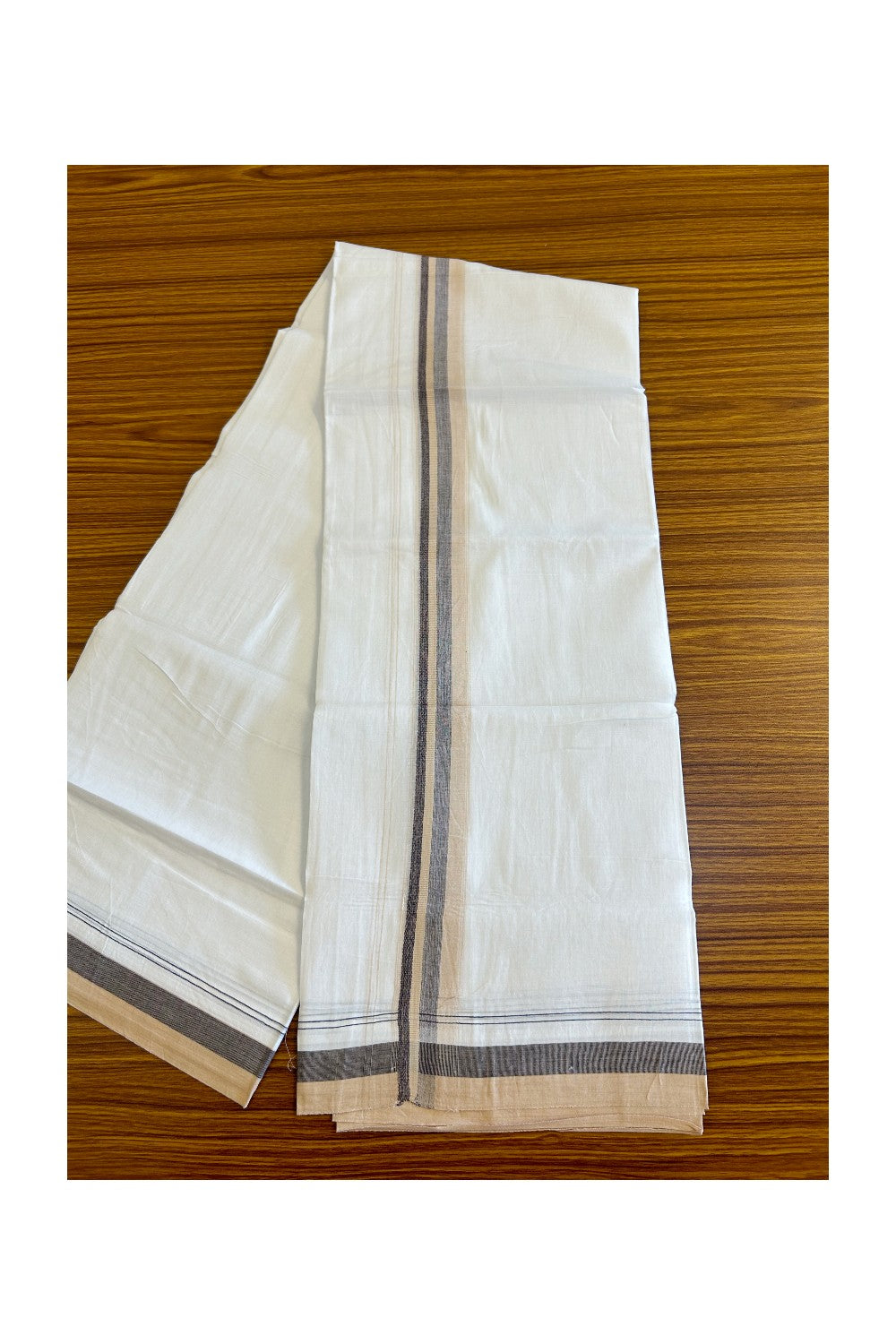 15% DISCOUNT!! Kaitharikada Balaramapuram 100% Cotton Ultra WHITE Double Mundu/Dothi-100x90  2.25 Inch Sand Brown & Black shaded stripes kara - 71KK430VAS