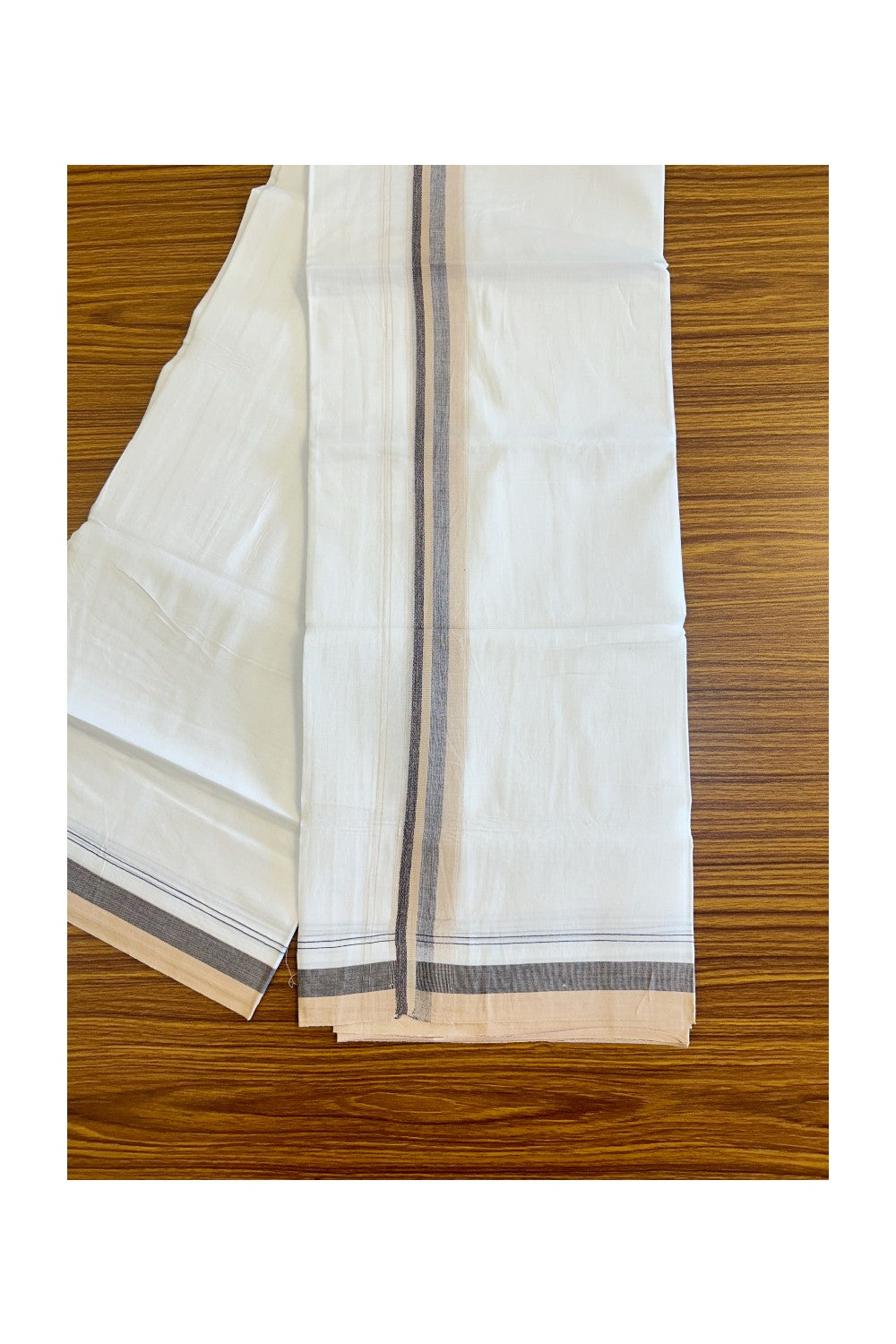 15% DISCOUNT!! Kaitharikada Balaramapuram 100% Cotton Ultra WHITE Double Mundu/Dothi-100x90  2.25 Inch Sand Brown & Black shaded stripes kara - 71KK430VAS