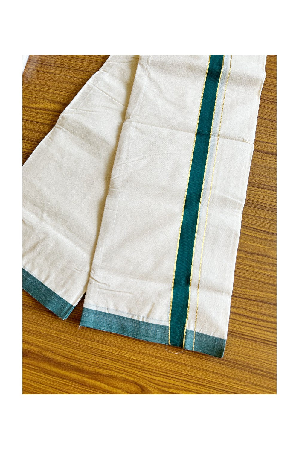 20% Discount KaithariKada Balaramapuram 100% Cotton Double Off white - (Unbleached) Mundu/Dhoti-100x80 -  1.5 inch Gold Kasavu & Dark Green Kara 3.75 mtr - 71KK500KK