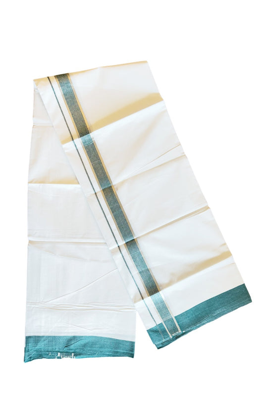 24% DISCOUNT!! Kaitharikada Balaramapuram 100% Cotton Ultra WHITE Double Mundu./Dothi-100x80   1.75 Inch GREEN + SILVER Striped Cotton Kara 72KK45VAS.