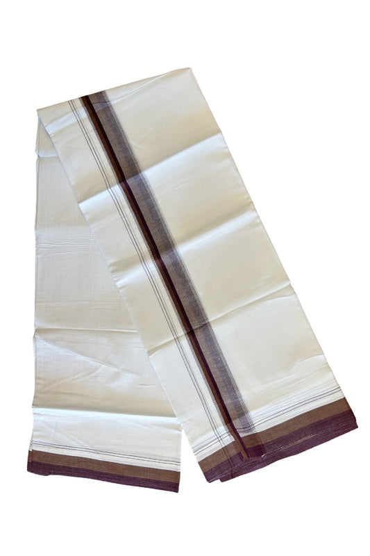 15% DISCOUNT!! Kaitharikada Balaramapuram 100% Cotton Ultra WHITE Double Mundu/Dothi-100x90  2.25 Inch Wine purple shaded stripes kara - 73KK430VAS