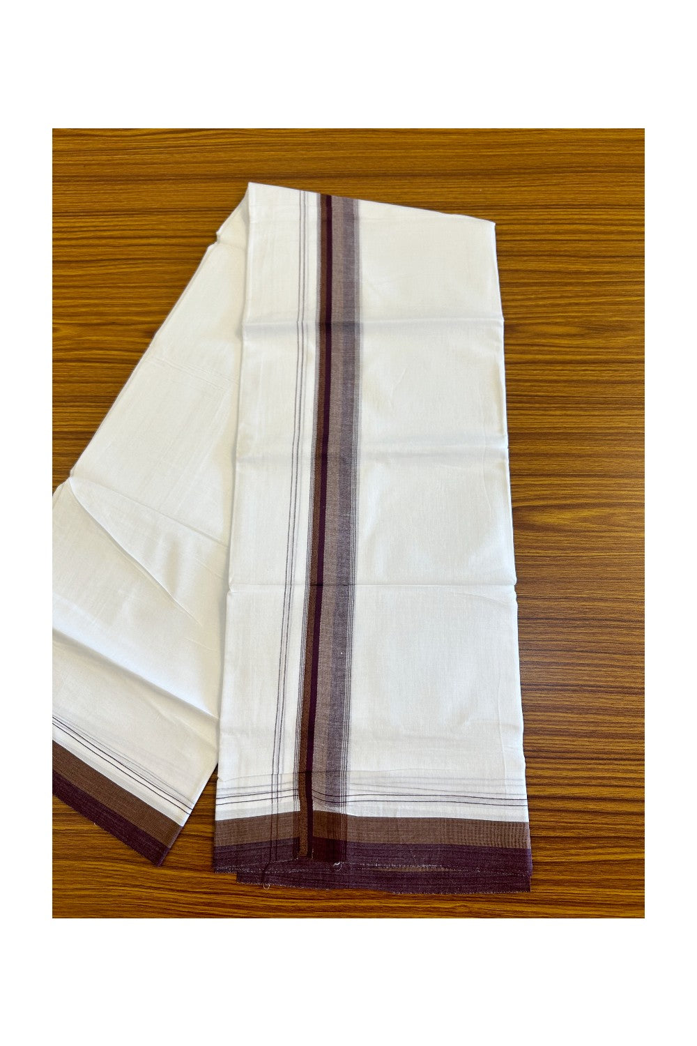 15% DISCOUNT!! Kaitharikada Balaramapuram 100% Cotton Ultra WHITE Double Mundu/Dothi-100x90  2.25 Inch Wine purple shaded stripes kara - 73KK430VAS