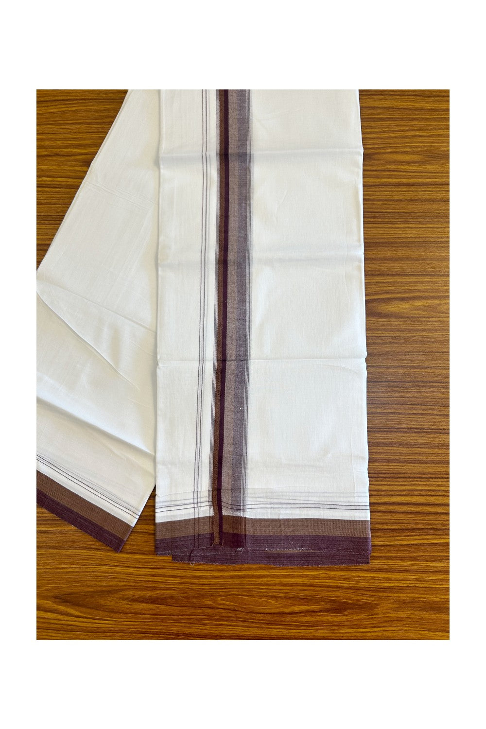 15% DISCOUNT!! Kaitharikada Balaramapuram 100% Cotton Ultra WHITE Double Mundu/Dothi-100x90  2.25 Inch Wine purple shaded stripes kara - 73KK430VAS