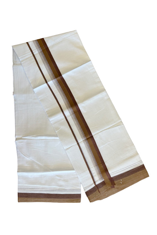 15% DISCOUNT!! Kaitharikada Balaramapuram 100% Cotton Ultra WHITE Double Mundu/Dothi-100x90  2.5 Inch Brown shaded stripes kara - 74KK430VAS