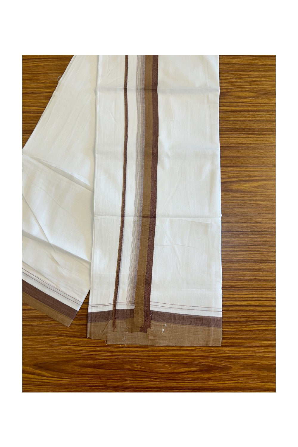 15% DISCOUNT!! Kaitharikada Balaramapuram 100% Cotton Ultra WHITE Double Mundu/Dothi-100x90  2.5 Inch Brown shaded stripes kara - 74KK430VAS