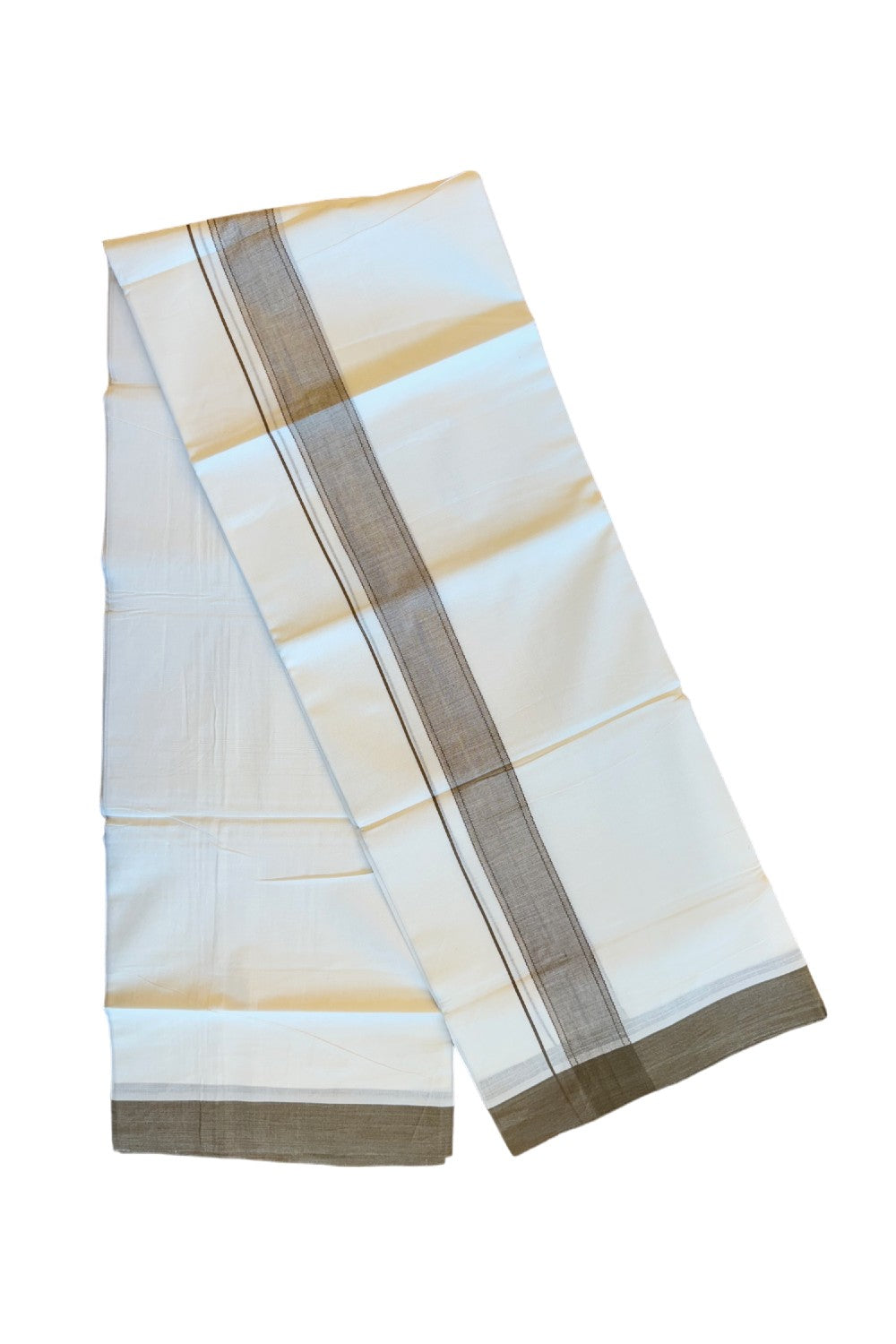 19% DISCOUNT!!! KaithariKada Balaramapuram 100% Cotton Double PURE white Mundu/Dhoti-100x100 Walnut brown shaded kara  - 75KK83VIN