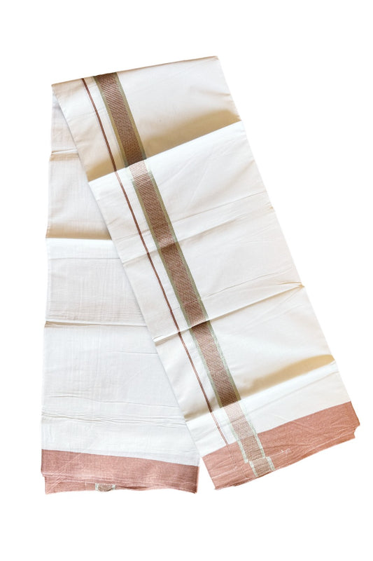 24% DISCOUNT!! Kaitharikada Balaramapuram 100% Cotton Ultra WHITE Double Mundu./Dothi-100x80   1.75 Inch PEACH  RED + SILVER Striped Cotton Kara 75KK45VAS.