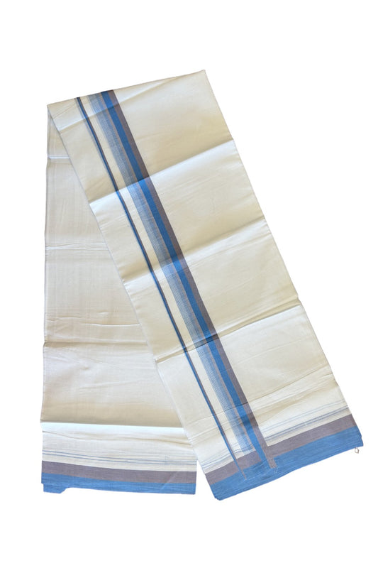 15% DISCOUNT!! Kaitharikada Balaramapuram 100% Cotton Ultra WHITE Double Mundu/Dothi-100x90  2.25 Inch Blue & Brown shaded stripes kara - 76KK430VAS