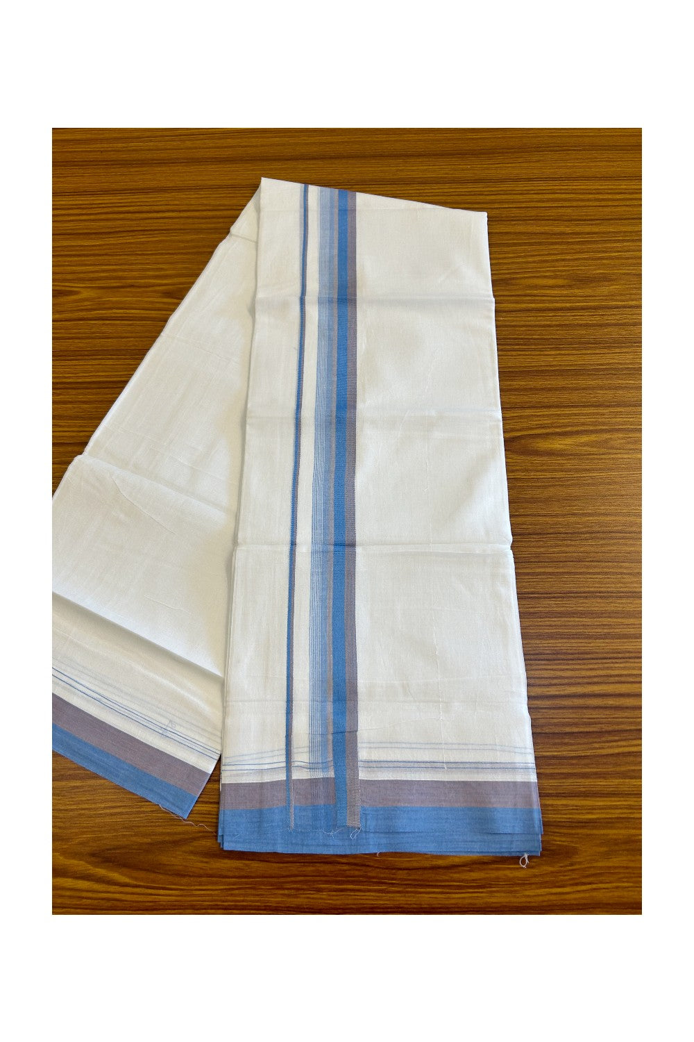 15% DISCOUNT!! Kaitharikada Balaramapuram 100% Cotton Ultra WHITE Double Mundu/Dothi-100x90  2.25 Inch Blue & Brown shaded stripes kara - 76KK430VAS