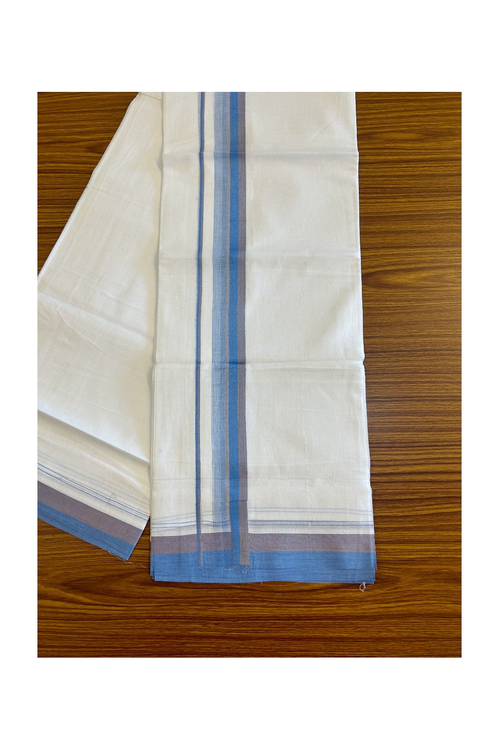 15% DISCOUNT!! Kaitharikada Balaramapuram 100% Cotton Ultra WHITE Double Mundu/Dothi-100x90  2.25 Inch Blue & Brown shaded stripes kara - 76KK430VAS