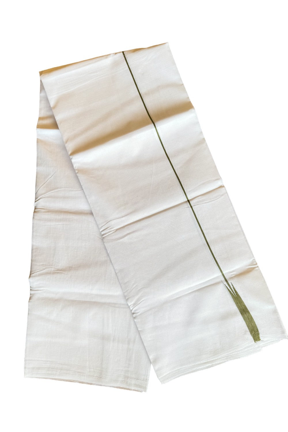 19% DISCOUNT!! KaithariKada Balaramapuram 100% Cotton PURE WHITE Double Mundu/Dhoti-100x100  Puliyilakkara 1.5 cm 1 line sage green chutty - 77KK412ASH