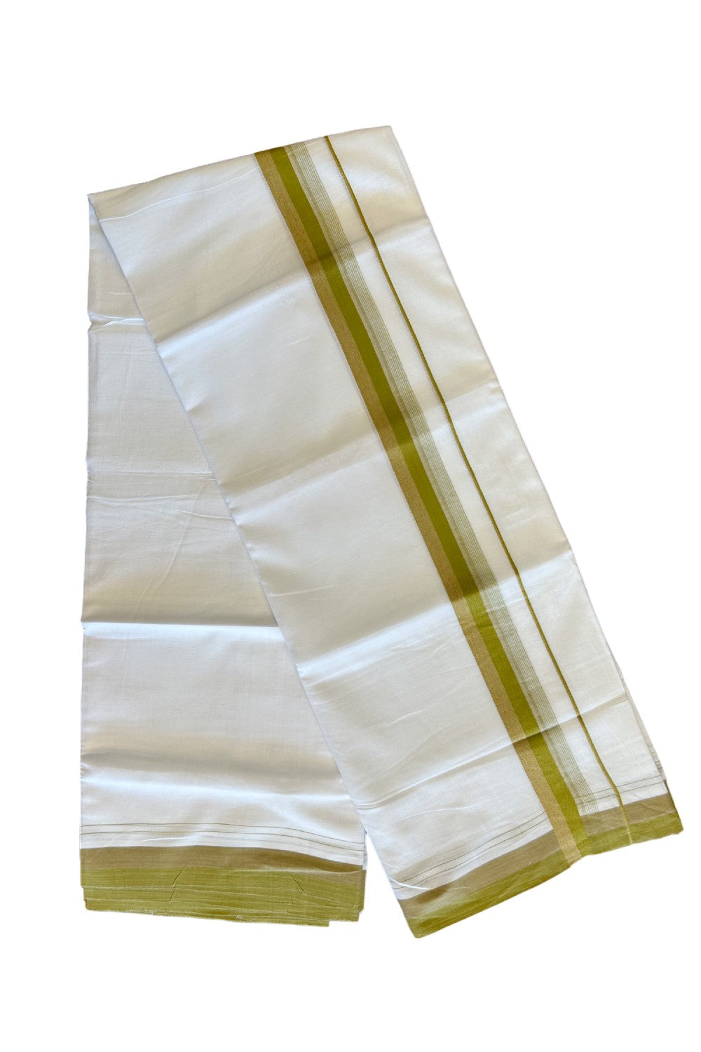 15% DISCOUNT!! Kaitharikada Balaramapuram 100% Cotton Ultra WHITE Double Mundu/Dothi-100x90  2.25 Inch Olive green & Brown shaded stripes kara - 77KK430VAS