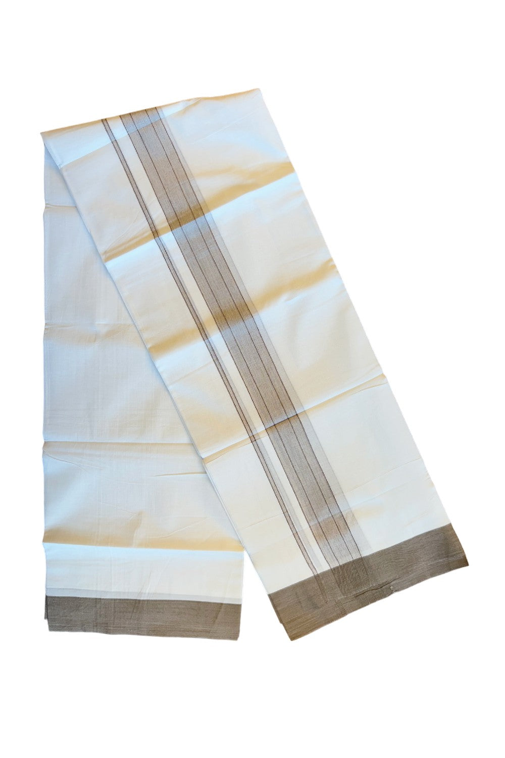 19% DISCOUNT!!! KaithariKada Balaramapuram 100% Cotton Double PURE white Mundu/Dhoti-100x100   2.5 Inch brown & white shaded kara  - 77KK83VIN