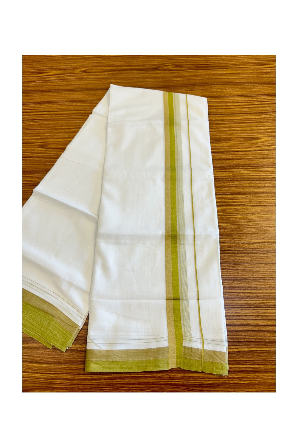 15% DISCOUNT!! Kaitharikada Balaramapuram 100% Cotton Ultra WHITE Double Mundu/Dothi-100x90  2.25 Inch Olive green & Brown shaded stripes kara - 77KK430VAS