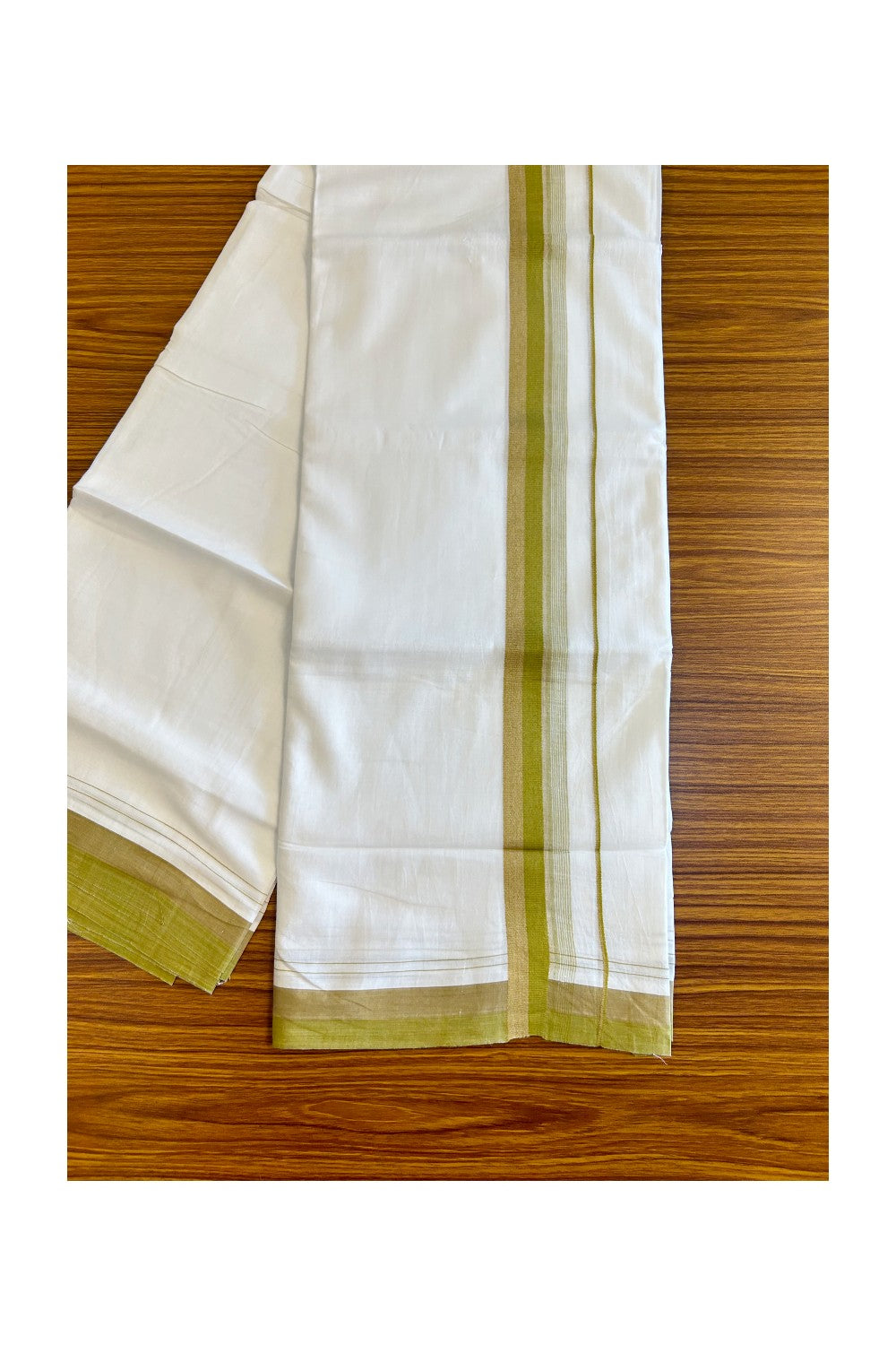 15% DISCOUNT!! Kaitharikada Balaramapuram 100% Cotton Ultra WHITE Double Mundu/Dothi-100x90  2.25 Inch Olive green & Brown shaded stripes kara - 77KK430VAS