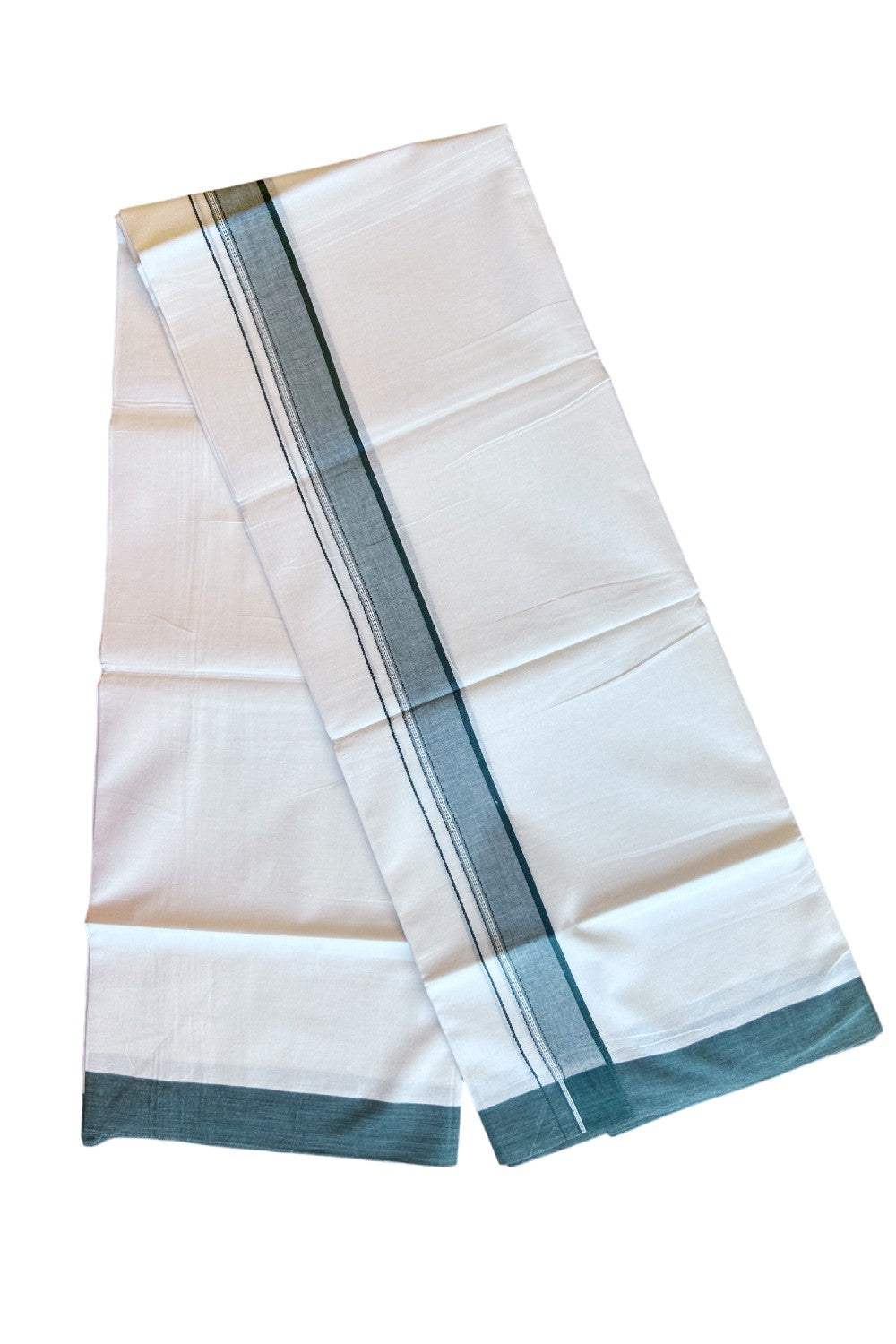 15% DISCOUNT!! Kaitharikada Balaramapuram 100% Cotton Ultra WHITE Double Mundu./Dothi-100x80   2 Inch DEEP GREEN Striped  Cotton Kara -KK50CHAN- 8.