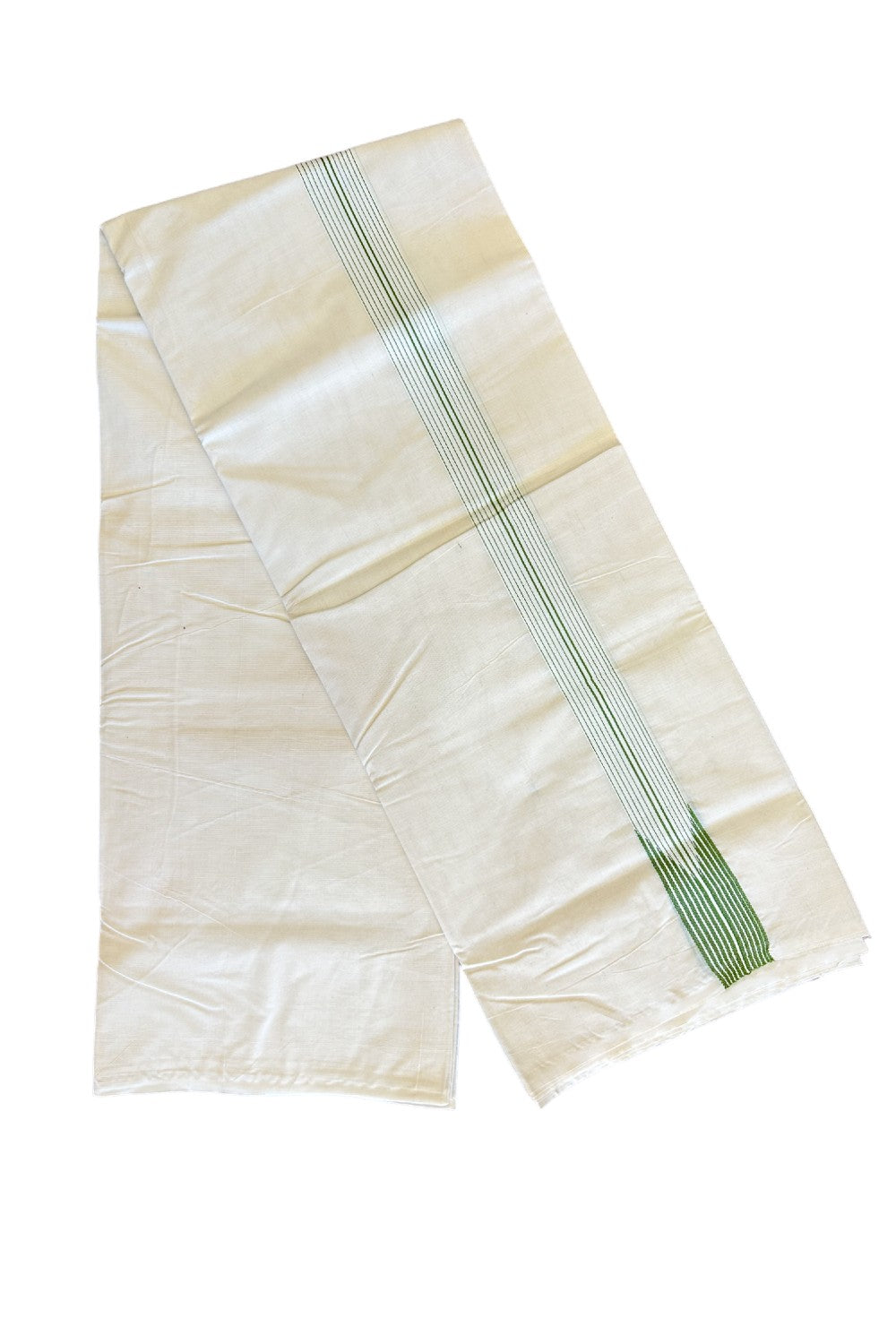 New!! 17%OFFER! KaithariKada Balaramapuram 100% Cotton Double OFF WHITE - (Unbleached) Mundu/Dhoti-100x100 12 LINE Chutty LIGHT Green & White-  8KK134ASH