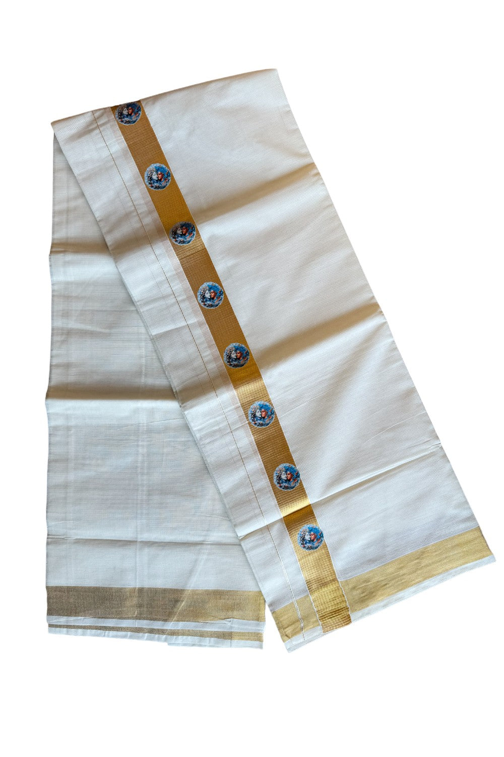 20% Discount !! KaithariKada Balaramapuram 100% Cotton Double Off white - (Unbleached) Mundu/Dhoti-80x72-  Hand Painted Krishnan & Radha Kasavu Design - 8KK207PMC